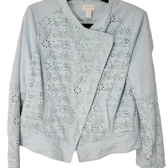 Chico's Women's Biker Jacket Color Light Blue Laser cut details Sz 1 - Picture 3 of 8